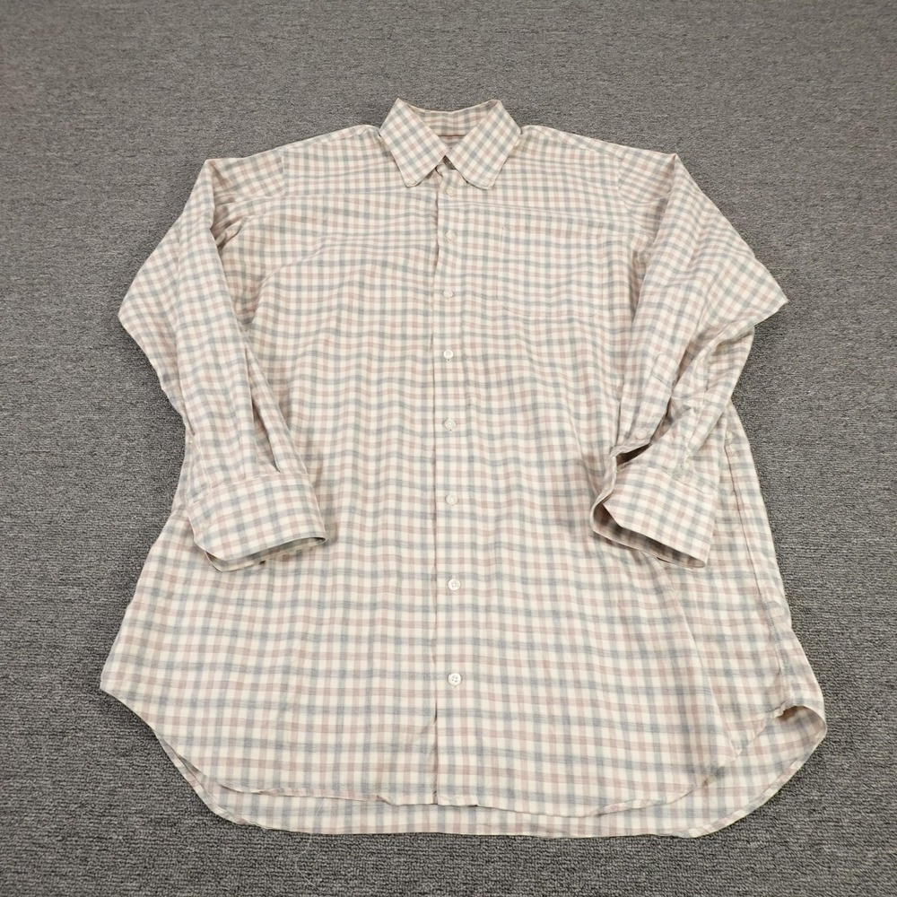 Tom James Dress Shirt Mens XL Beige Gingham Long Sleeve Button Front Collared